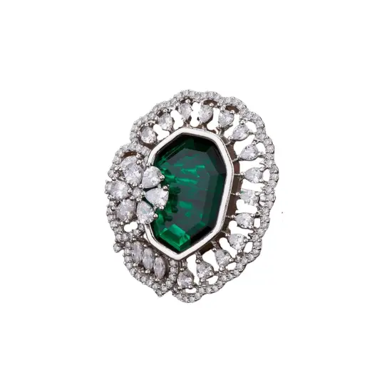 Fake American Diamond Cz Stone Ring for Women - Rhodium Platingindian Pakistani Wedding Jewelry Classic Ring Green {1}