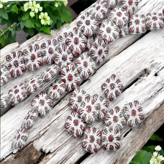*13* 11mm Antique White Washed Opaque Red Travertine Square Zinnia Flower Beads {2}