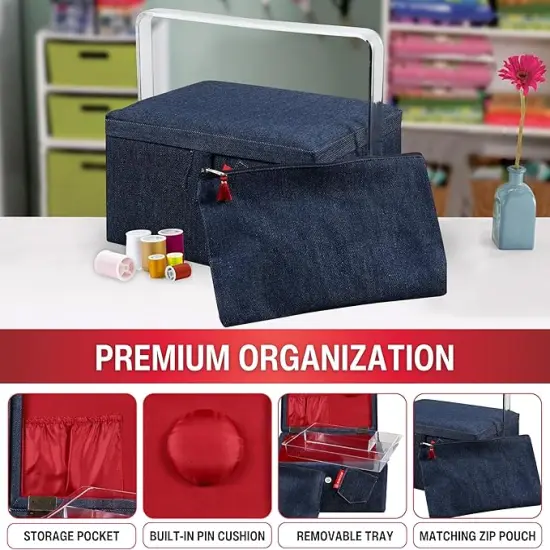 Large Sewing Basket Denim with Matching Zipper Pouch {2}