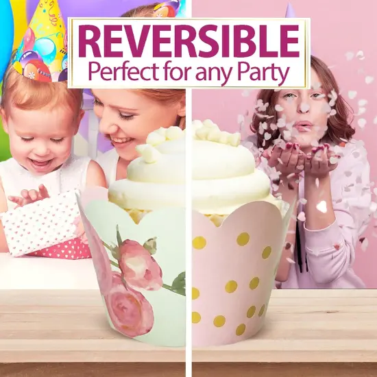 Cupcake Wrappers - Blush Pink & Gold Floral Wedding, Vintage Rose Bridal & Baby Shower Decorations, Fairytale Princess Birthday Party, Girl Gender Reveal, Reversible Dessert Wrap, Romantic (24 Count) {2}