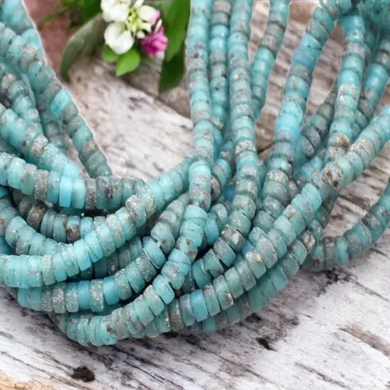 6x3mm Rustic Blue Aqua Indonesian Heishi Beads (20" Strand) {4}