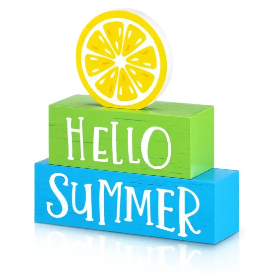 3 Pieces Summer Wooden Block Decor for Home Lemon Wooden Tiered Tray Block Decor Rustic Hello Summer Sign for Living Mantle Kitchen Table Party Decoration {1}