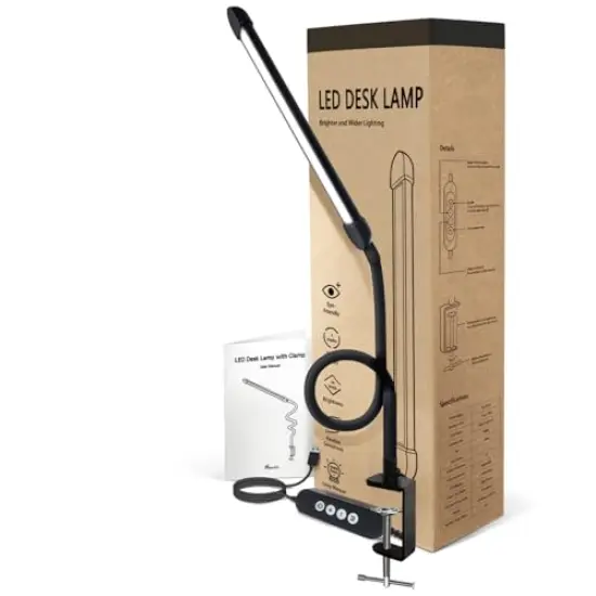LED Desk Lamp with Clamp, Clamp Light with 30 Adjustable Color Modes, Clip on Light with Long Flexible Gooseneck, Eye Care Lamp Clamp for Study, Work, Home, Office, Black, 12W {1}