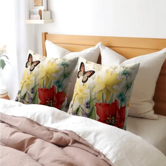 Spring Summer Flower Outdoor Decorative Pillow Covers 18x18 Inch Set of 2 Floral Butterfly Throw Pillows Spring Farmhouse Pillowcases Cotton Linen Cushion Covers for Couch Bed Sofa Chair Home Decor {3}