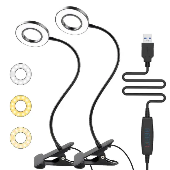 2 Pack LED Clip on Lamp Book Light for Kids Reading in Bed, 3 Color Modes with 10 Levels Brightness Flexible Gooseneck Clamp for Bed Headboard Video, Craft, Make up, Study {1}