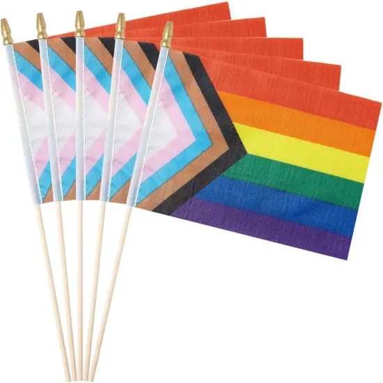 12 Pack Progress Pride Rainbow Flags Gay LGBT Small Mini Hand Held Stick Flag Festival Party Parades Decorations(5x8 Inch) {1}