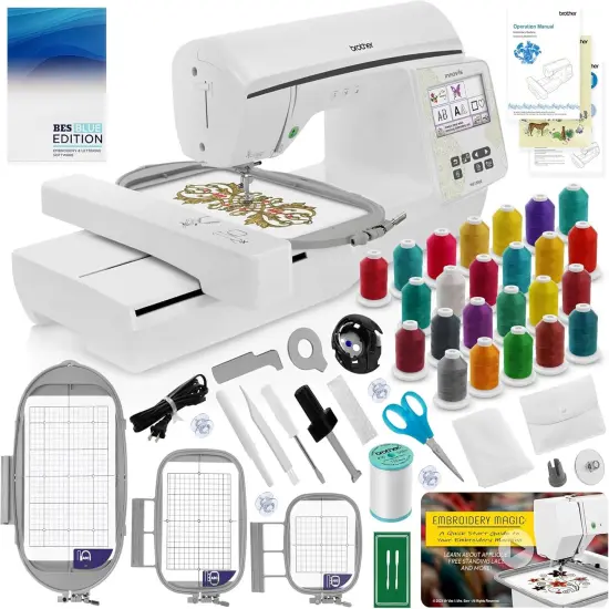 Brother NQ1700E Embroidery Machine, 6" x 10" Field Size, Cuts Jump Stitches, Wireless, Includes BES Lettering Software + Brother SA438 4" x 4" Hoop + 24 Spools of Jewel Thread + Embroidery Magic Video {1}