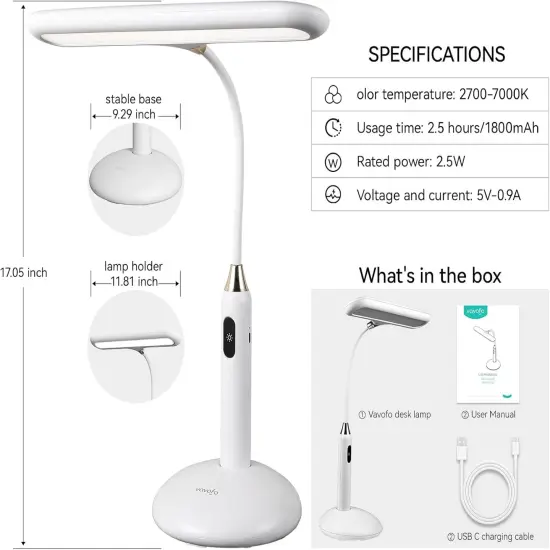 LED Desk Lamp 6778B - Touch Control, Adjustable 2700-7000K Color Temperature, 700 Lumens, 360&deg; Flexible Gooseneck, USB-C Charging, 2.5hrs Cordless, Eye-Caring Light (White) {5}