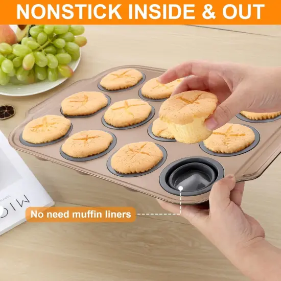 Silicone Muffin Pan with Metal Frame, 12 Cups Silicone Muffin Pan - Nonstick Cupcake Pan 1 Pack Regular Size Silicone Mold for Baking, Muffin Tins Easy to Pop Bakeware for Oven, Golden Gray {4}