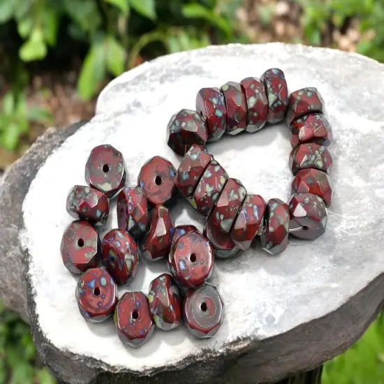 *15* 4x6mm Opaque Red Picasso Fire Polished Rondelle Heishi Beads {1}