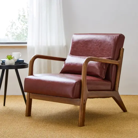 Set of 2 30.75"H Mid-Century Modern PU Leather Armchair Accent Chairs with Pillow Burgundy {2}