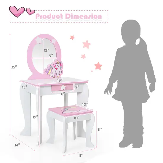 Costway Kids Vanity Makeup Dressing Table Chair Set Wooden W/ Mirror Drawer {4}