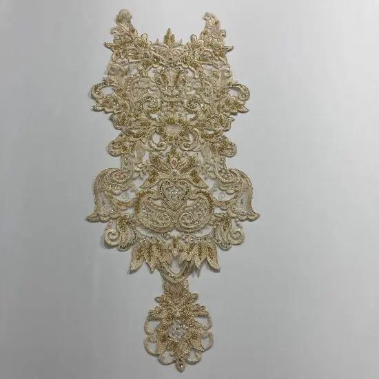 Beaded & Corded Lace Medallion Applique on 100% Polyester Mesh 25" X 10.5" Each Gold {1}