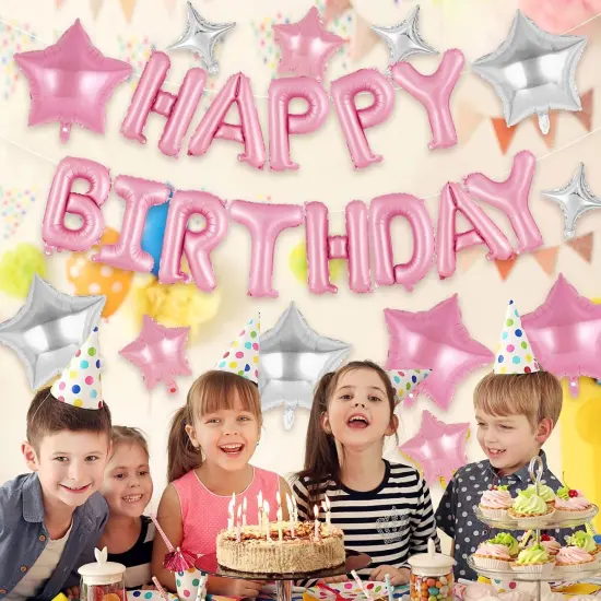 Pink Happy Birthday Balloons Banner - 12 Pcs {3}