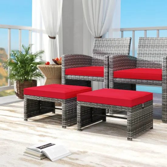 Costway Patio Ottomans Set of 2 PE Rattan Footstools with Removable Cushions & Metal Frame Red/Gray/Black/White/Turquoise/Navy {5}