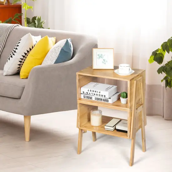 Costway Set of 2 Bamboo Nightstand Stackable Sofa Table Bedside Table with Storage Shelf {4}
