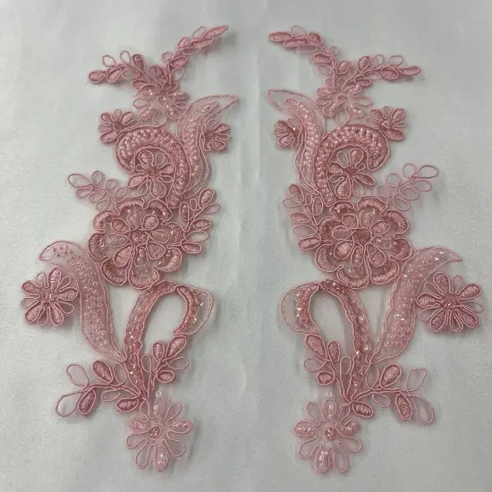 1 Pair Beaded & Corded Floral Lace Applique 9" x 2.5" Each Side Blush {1}