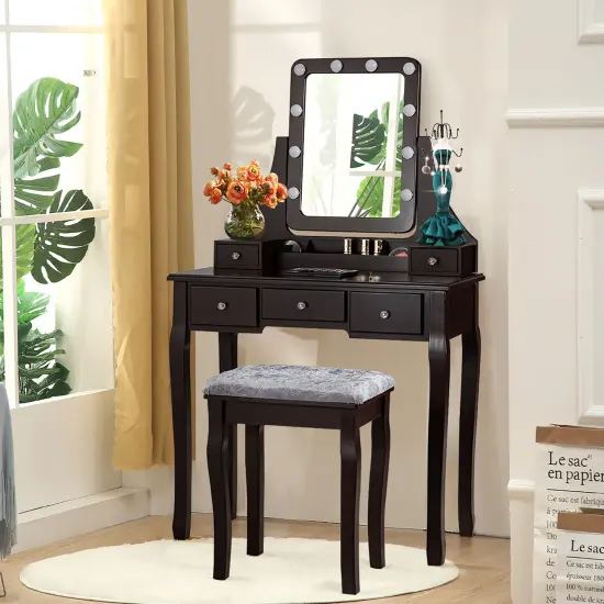Costway Vanity Dressing Table Set w/ 10 Dimmable Bulbs Touch Switch Cushion Stool White\Black\Brown {2}