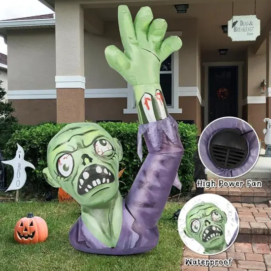 GOOSH 5FT Halloween Inflatables Zombies Blow Up Yard Terror Green Zombies Raise Hands with Built-in LEDs {4}