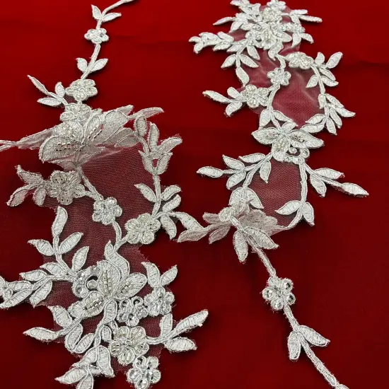 1 Pair Beaded & Corded Floral Lace Applique 17" X 4.5" Each Side, 100% Polyester Net Mesh Rose Gold {6}