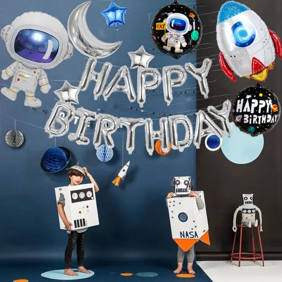 Silver Happy Birthday Space Balloons Banner - Rocket, Astronaut, Moon & Star {4}