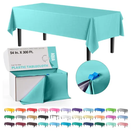  Party Solids 54" x 300' Plastic Table Cover Roll with Slide Cutter &ndash; Cut-to-Size Dispenser Box &ndash; Makes Up to 36 Disposable 8' Rectangle Tablecloths by Exquisite Turquoise {7}