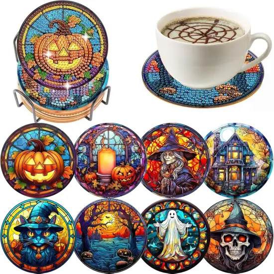 8 Pack Halloween Diamond Art Coasters Kit-3.9inch {1}