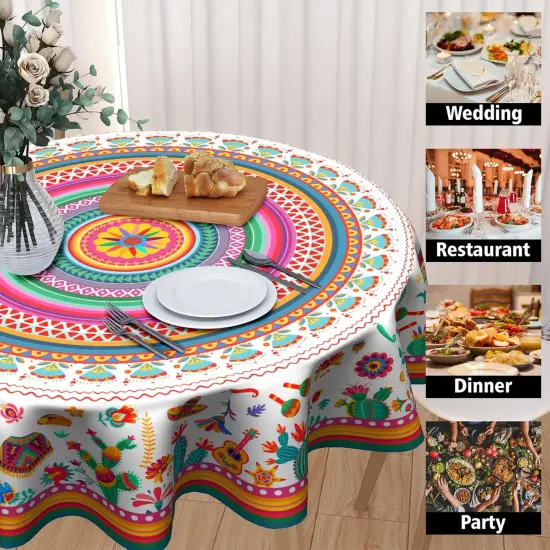Colorful Mexico Round Table Cloth - Mexican Floral Tablecloth Cactus Stripes Lines Native Art Table Cover for Kitchen Party Picnic Dining Decor 60 Inch {4}