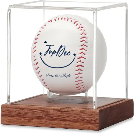 Baseball Display Case - Clear Cube Baseball Holder with Wooden Base, Autograph Stand Box for Single Ball, Acacia Wood, Brown, 1 Pack {1}