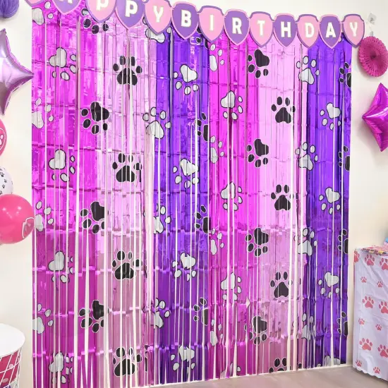 Pink Paw Birthday Decorations, 2 Pack Pink and Light Purple Birthday Party Supplies 3.3 x 6.6ft Tinsel Foil Fringe Curtains Photo Booth Props Backdrop Streamers, House Room Decor for Girls {1}