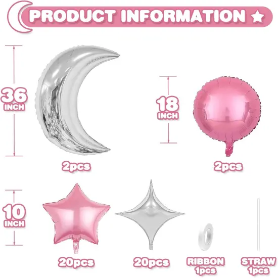 Pink Silver Moon Star Balloons,Large Moon Balloons Star Foil Balloons {3}