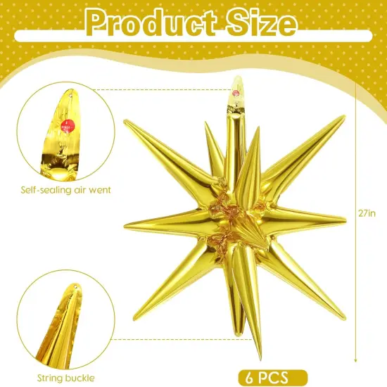 6 Pcs Large Star Balloons 27 Inch Starburst Spike Foil Explosion Balloons 14 Point Star Cone for Birthday Wedding Anniversary Graduation Backdrop Party Decorations(Gold) {2}