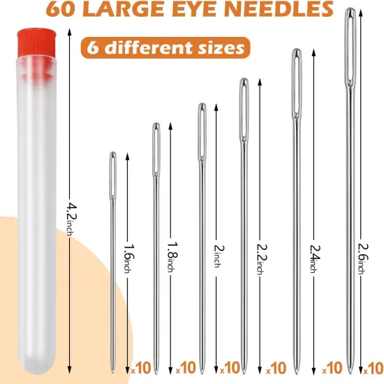 60 PCS Large Eye Sewing Needles, 6 Sizes Hand Sewing Needles, Leather Needle Embroidery Thread Needle, Stainless Hand Quilting Needles with Threaders for Hand Sewing Art Crafts {2}