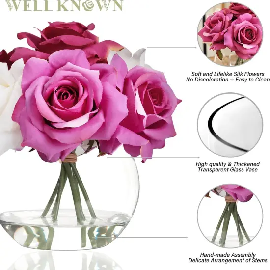 Silk Rose Artificial Flowers with Vase Artificial Rose Flower Arrangements in Round Glass Vase with Faux Water for Home Office Hotel Wedding Party Dinning Table Decor Gift (White & Pink) {2}