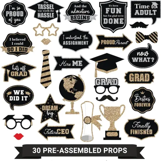 Fully Assembled Graduation Photo Booth Props - Set of 30 - Class of 2025 Graduation Selfie Signs - Congrats Grad Party Supplies & Decorations - with Real Gold & Silver Glitter - Did We Mention No DIY {1}