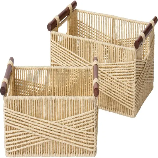 Summer Storage Baskets for Organizing, Recyclable Paper Rope Basket with Wood Handles, Decorative Hand Woven Basket Organizers for Makeup Books Shelves Living Room, Beige, Set of 2 {1}