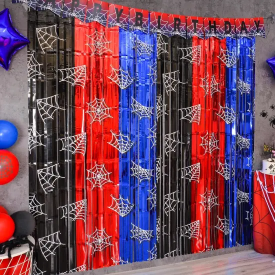 Spider Web Birthday Decorations, 2 Pack Spider Party Supplies 3.3x6.6ft Tinsel Foil Fringe Curtains, Red Black, and Blue Photo Booth Prop Backdrop Streamer, Birthday Decor, Party Decor for Boys {1}