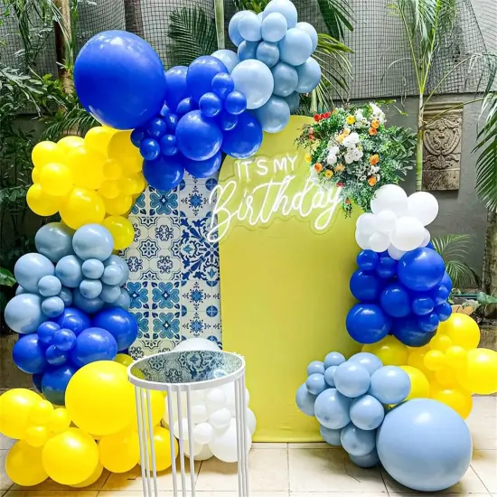 Royal Blue and Yellow Balloon Arch Kit, 129pcs Dark Blue White and Metallic Blue Gold Latex Balloons {3}