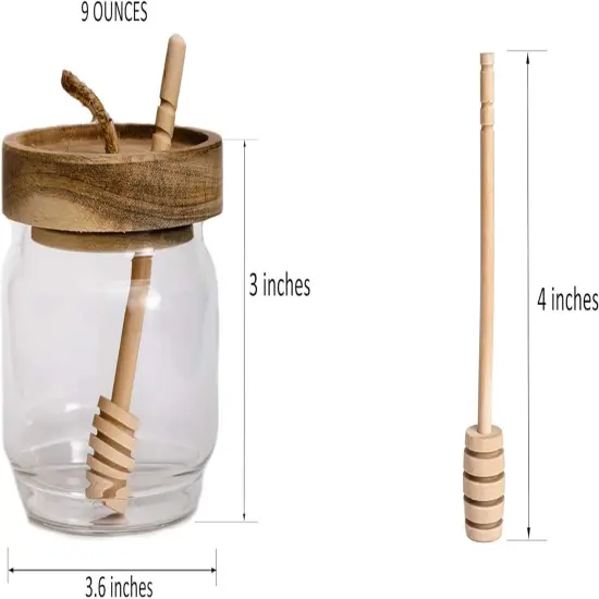 Honey Jar Pot Glass Holder Dispenser Set with Wooden Dipper Stick and Acacia Lid Cover for Home Kitchen, Clear, Modern Honey Syrup Glass Container for Storage Gift, Honey Pot and Drizzler (9 Oz) {2}