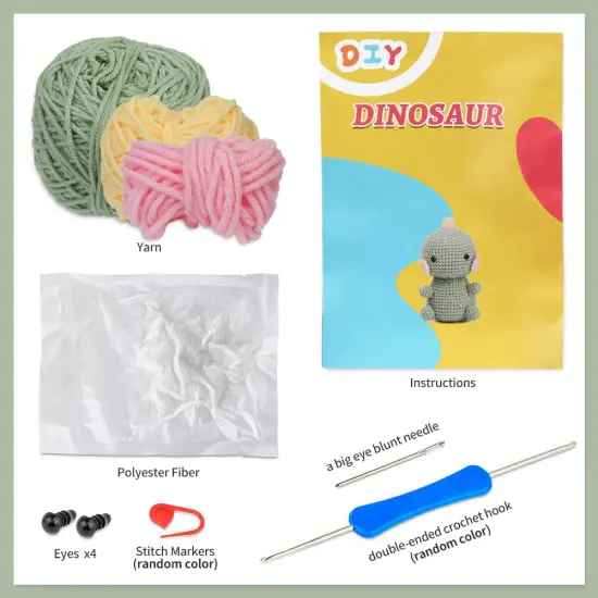 Beginners Crochet Kit, Crochet Animal Kit, Knitting Kit with Yarn, Polyester Fiber, Crochet Hooks, Step-by-Step Instructions Video, Crochet Starter Kit for Beginner DIY Craft Art (Dinosaur) {2}