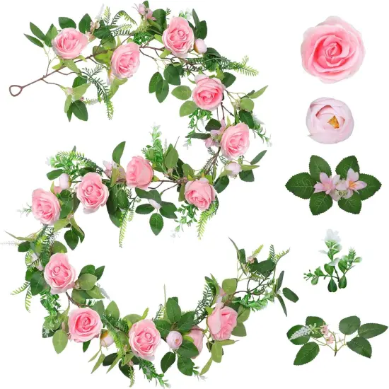 Full Pink Flower Garland, 6.2FT Artificial Rose Floral Vine Pretty Spring Pink Flower Garland for Wedding Arch Decor Home Backdrop Wall Table Centerpiece Valentines Decoration {6}