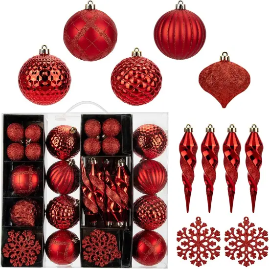50PCS Christmas Tree Ornaments Set with Shatterproof Balls Icicle Snowflake Hanging Ornaments for Home Office Farmhouse Christmas Decorations, Red {5}