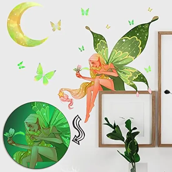 Glow in The Dark Butterfly Fairy Wall Sticker Luminous Moon Butterflys Wall Decals Cartoon Flower Fairy Princess Wall Stickers for Girls Bedroom Nursery Living Room Classroom Ceiling Decor Kids Gift {3}