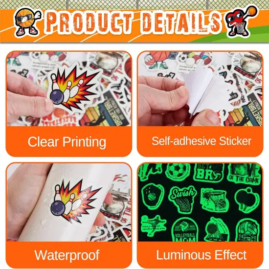 Glow in The Dark Cool Ball Mixed Sports Stickers for Water Bottle s, Waterproof Vinyl Soccer Basketball Volleyball Badminton Laptop Decals, Kids Teens Adults Skateboard Helmets Luggage Decor {4}