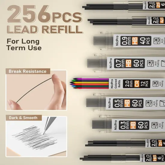 5 PCS Art Mechanical Pencils Set, Metal Drafting Pencil 0.3 & 0.5 & 0.7 & 0.9 & 2mm Graphite Lead Holder(4B 2B HB 2H Colored) for Sketching Drawing With Lead Refills Eraser Case {5}