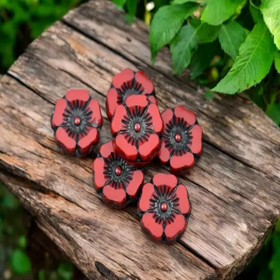 *12* 12mm Black Inlayed Opaque Red Hawaiian Flower Beads {1}