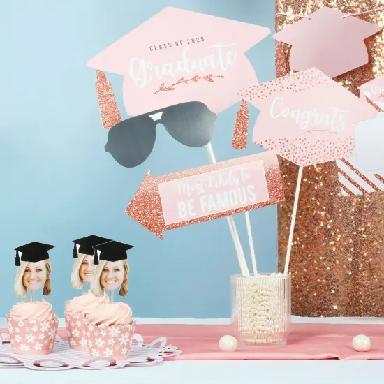 Big Dot of Happiness Rose Gold Grad - 2025 Graduation Party Centerpiece Sticks - Table Toppers - Set of 15 {3}