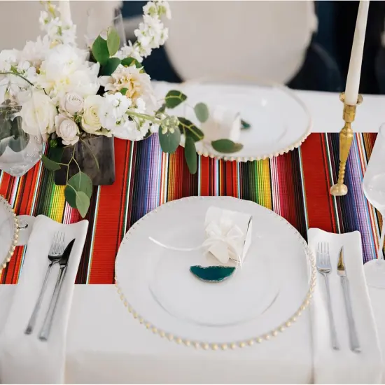 4 Pcs Fiesta Tablecloth 108 x 54 Inch Plastic Tablecover Waterproof Mexican Tablecloth Mexican Striped Table Cover for Taco Night Festive Fiesta Wedding (White) {4}