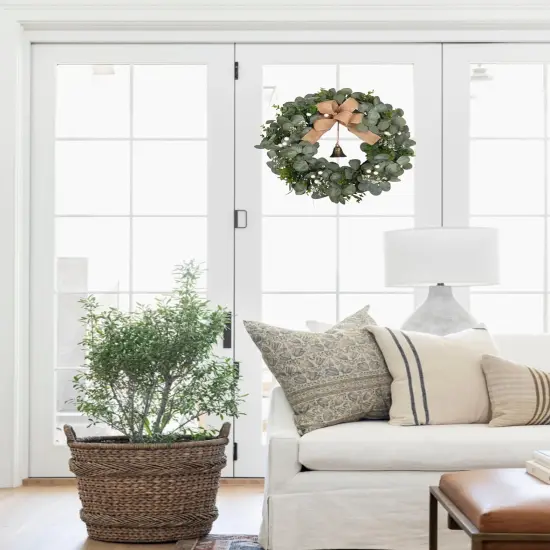 24" Eucalyptus Front Door Wreath with Burlap Bow Metal Bell for Summer Wreath Green Decor for Home Farmhouse {5}