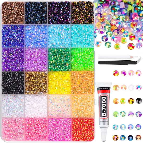 24000Pcs Resin Jelly Rhinestones with 1 Pcs B7000 Jewelry Glue for Crafting, Mixed-Color 3mm Flatback Gems, Bedazzling Crystal for DIY Crafts Clothing Tumblers Mugs Shoes Fabric Decor Nail Art Makeup {2}